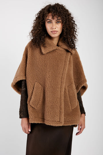 MAX MARA Tebe Teddy Cape Wrap Poncho in Camel