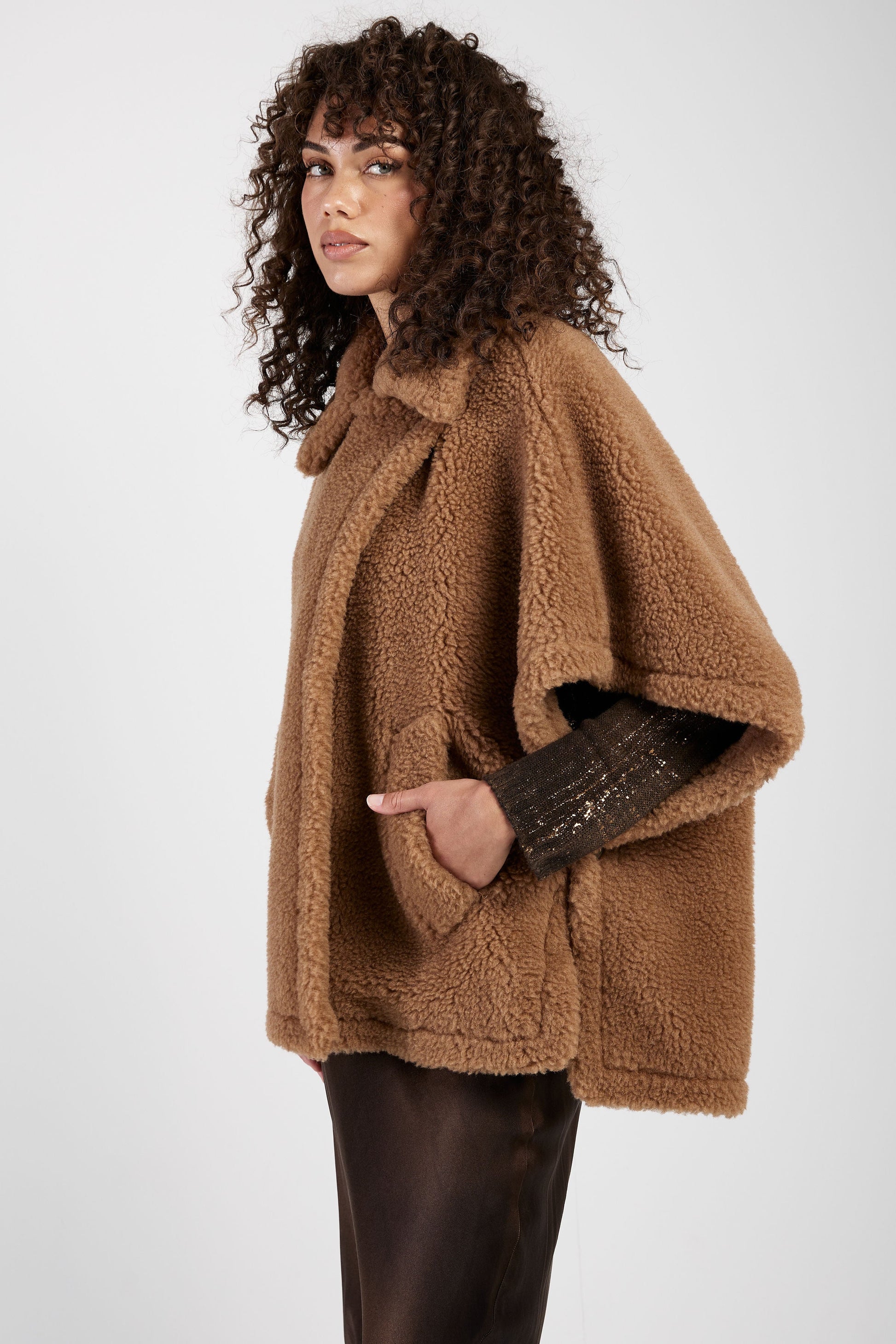 MAX MARA Tebe Teddy Cape Wrap Poncho in Camel
