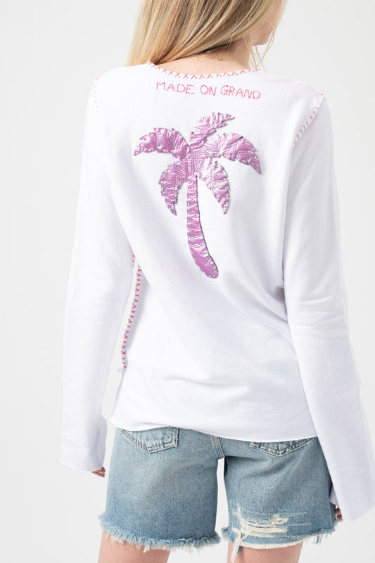 MADE ON GRAND Cotton Sweatshirt in White with Pink Palm Tree