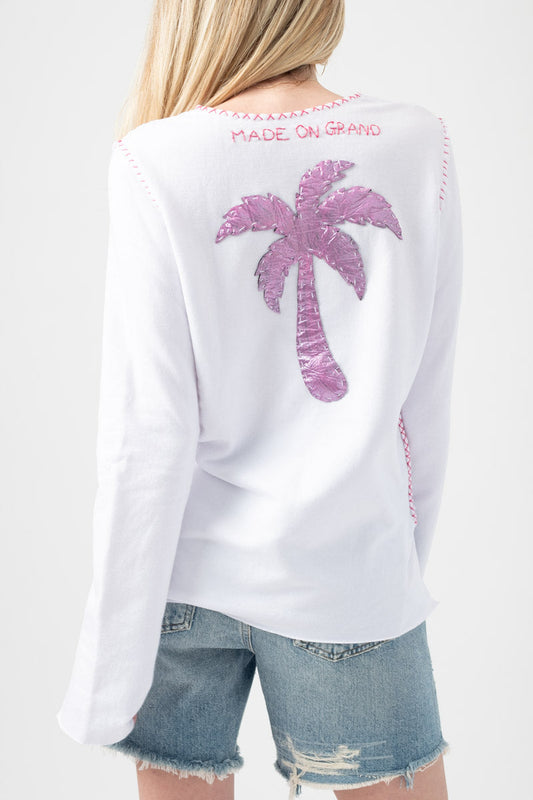 MADE ON GRAND Cotton Sweatshirt in White with Pink Palm Tree
