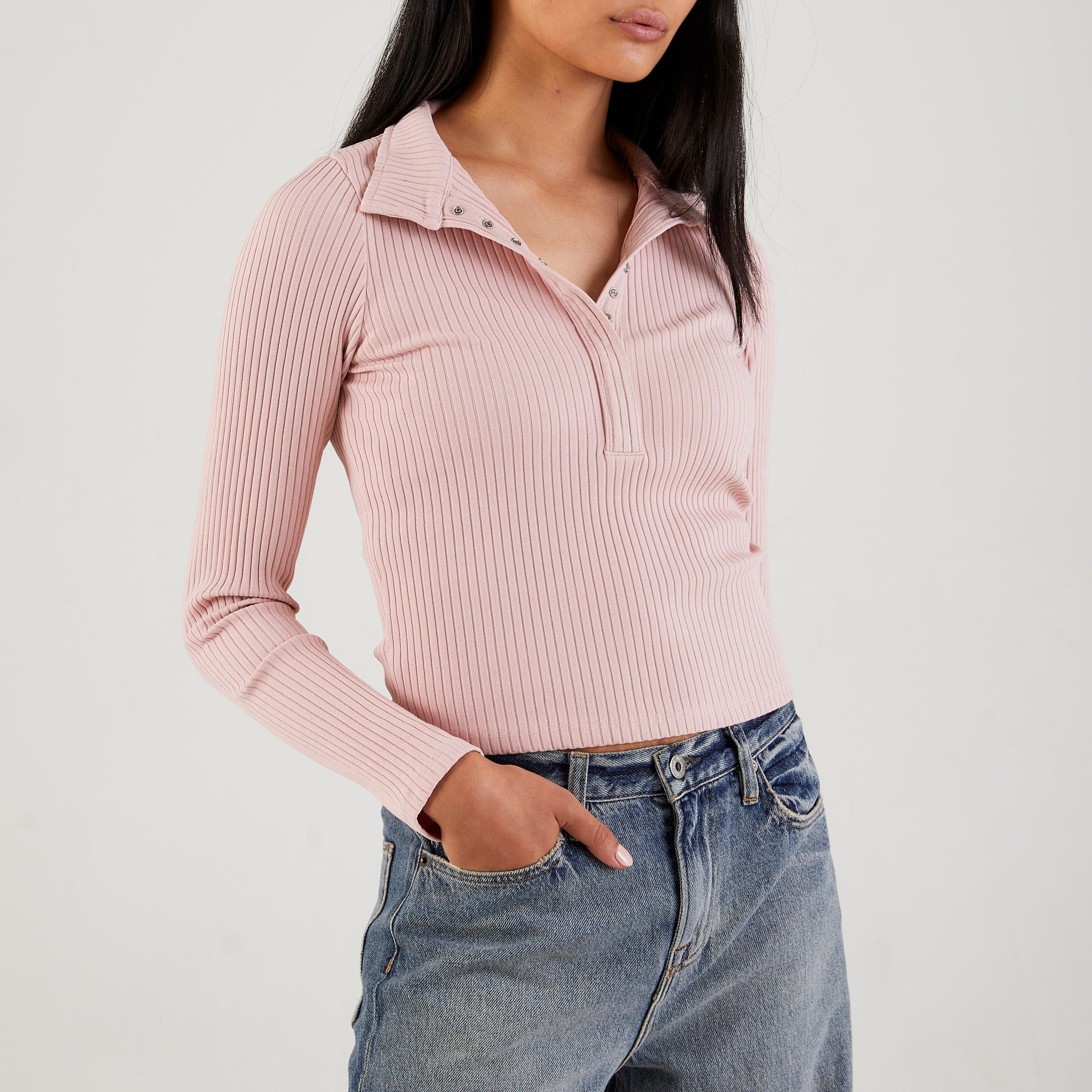 NSF AIi Rib Long Sleeve Crop Snap Polo in Dust
