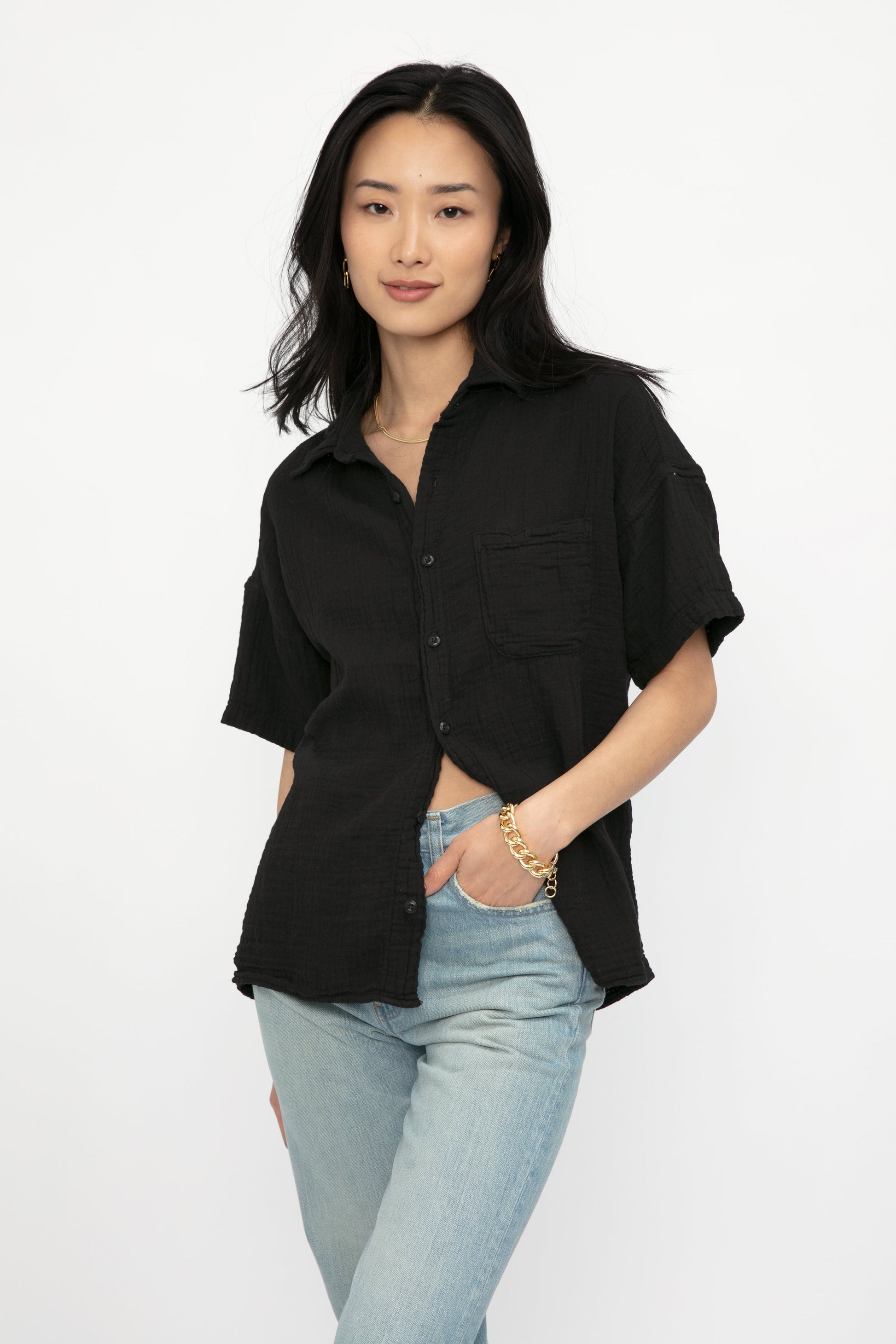 NSF Marks Short Sleeve Button Up Shirt in Black