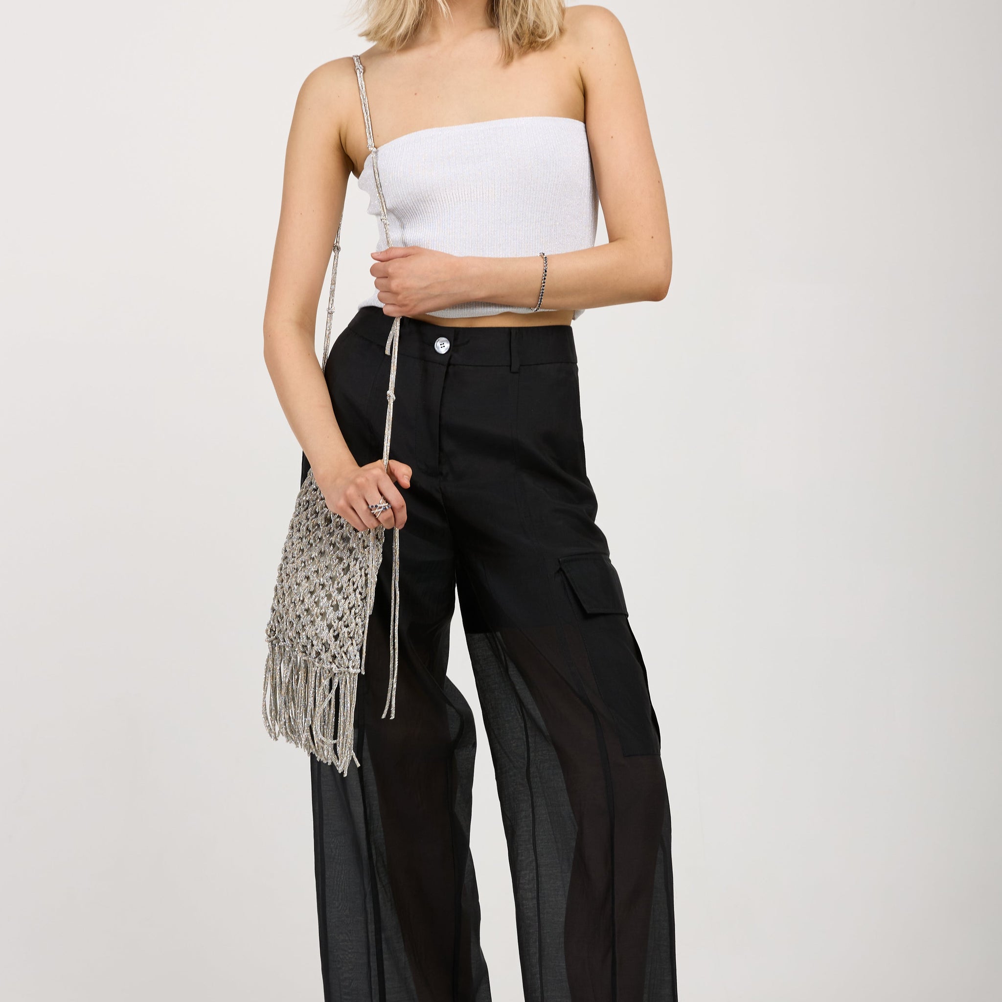 PESERICO Cotton Silk Organza Cargo Pant in Black