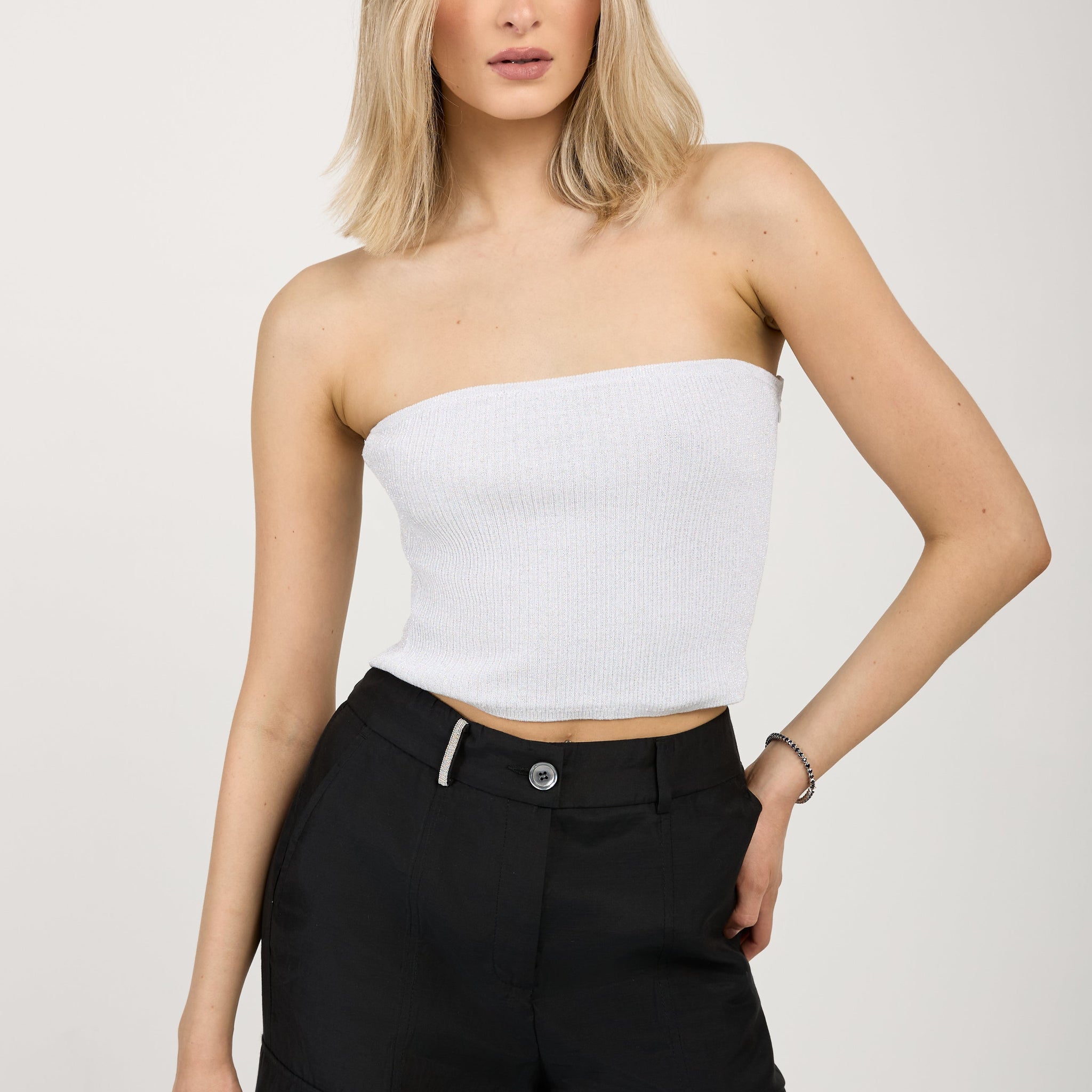 PESERICO Cotton Knit Bustier Top in White with Silver Lurex