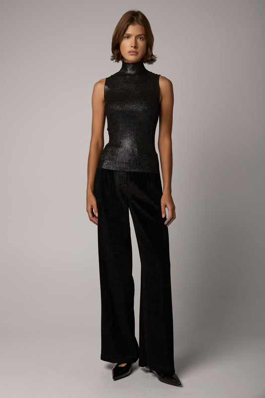 Fluid Viscose Jumbo Cord Velvet Pant in Lurex Absolute Black
