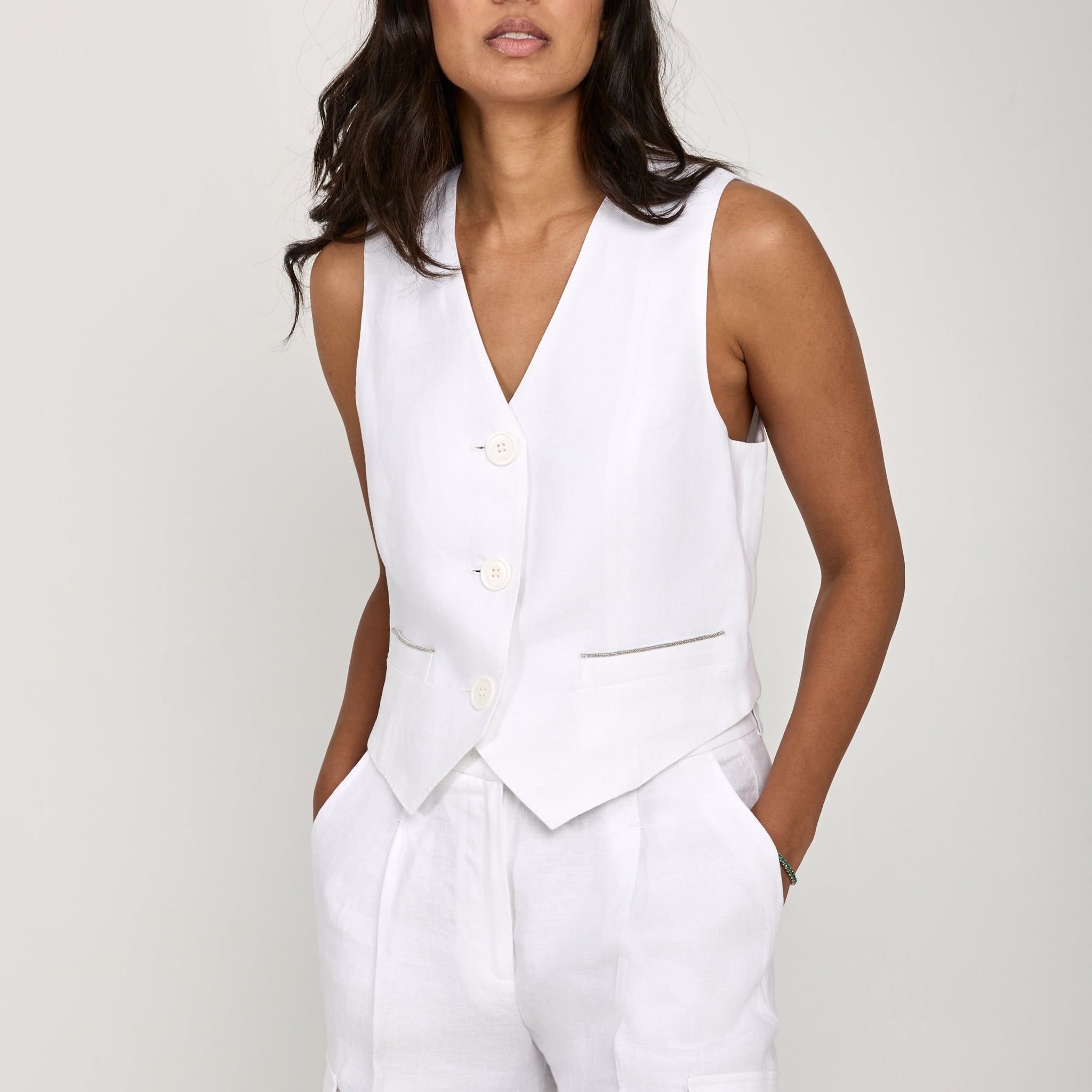 PESERICO Linen Gabardine Vest in Pure White