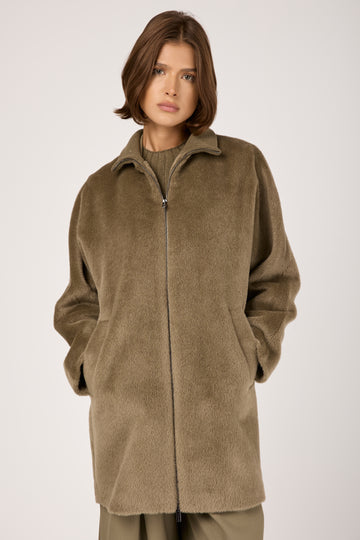 Long-Haired Alpaca Velour Coat in Clay Green
