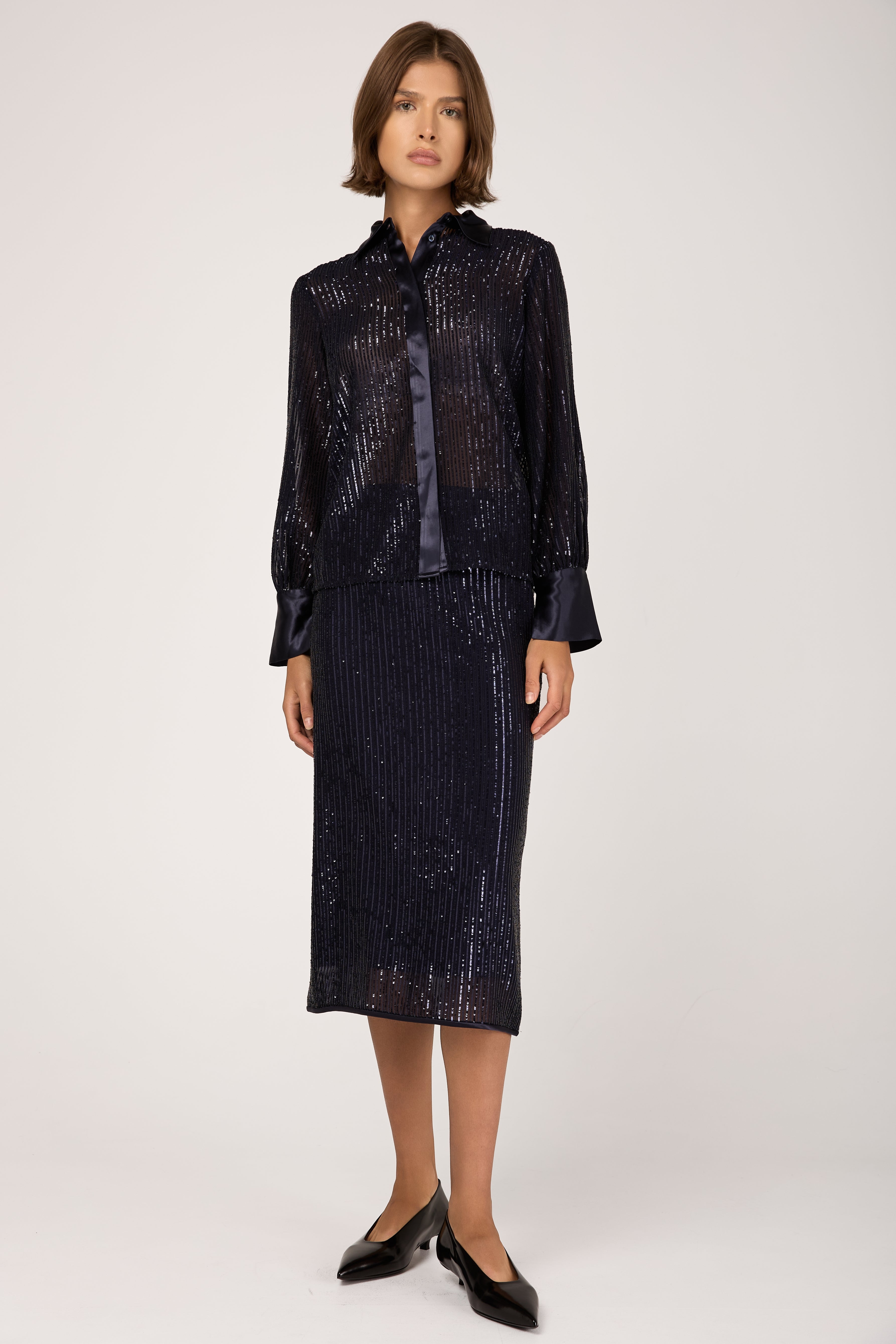 Sequinned Pinstripe Shirt in Blue Starry Sky