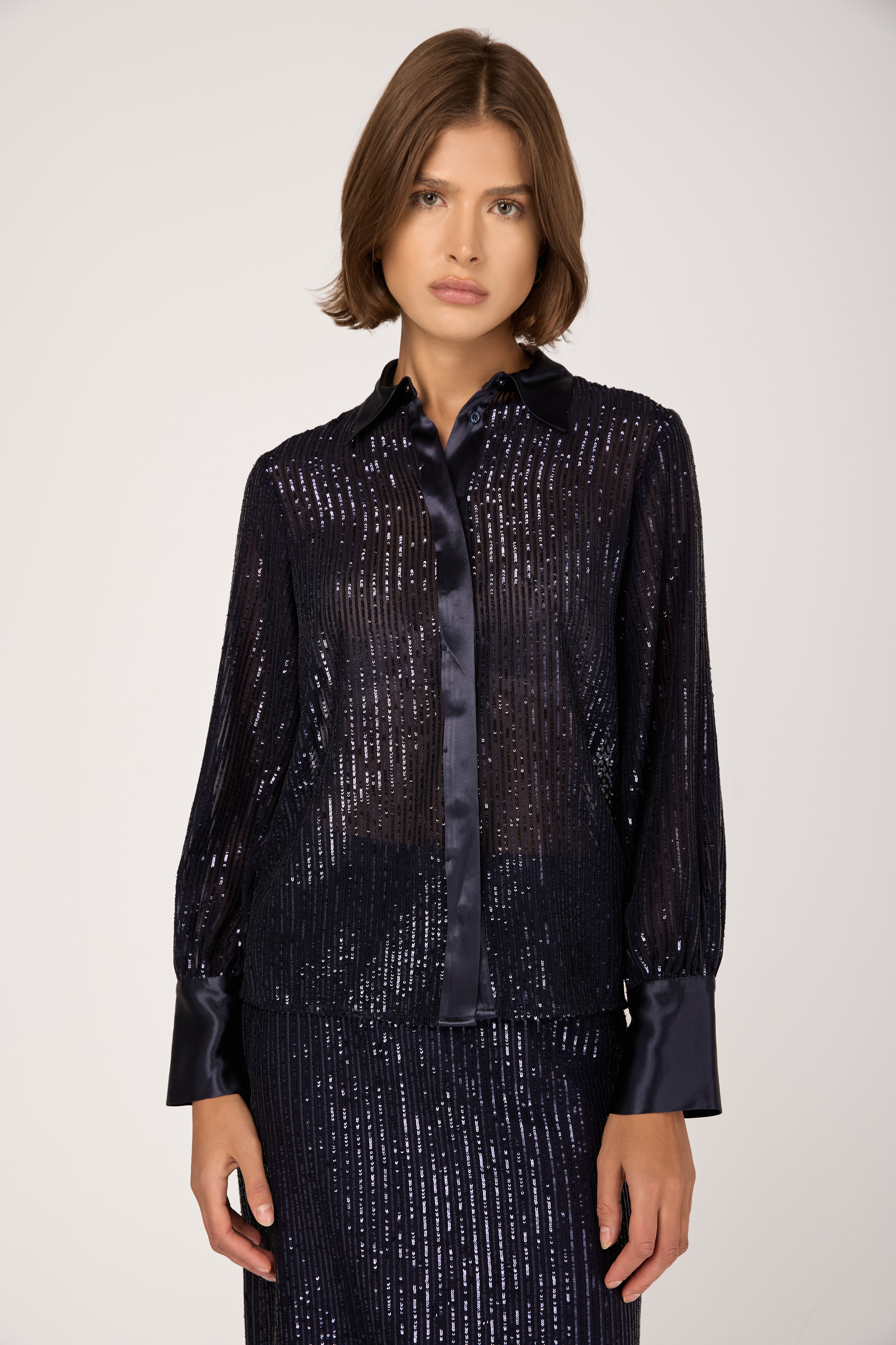 Sequinned Pinstripe Shirt in Blue Starry Sky