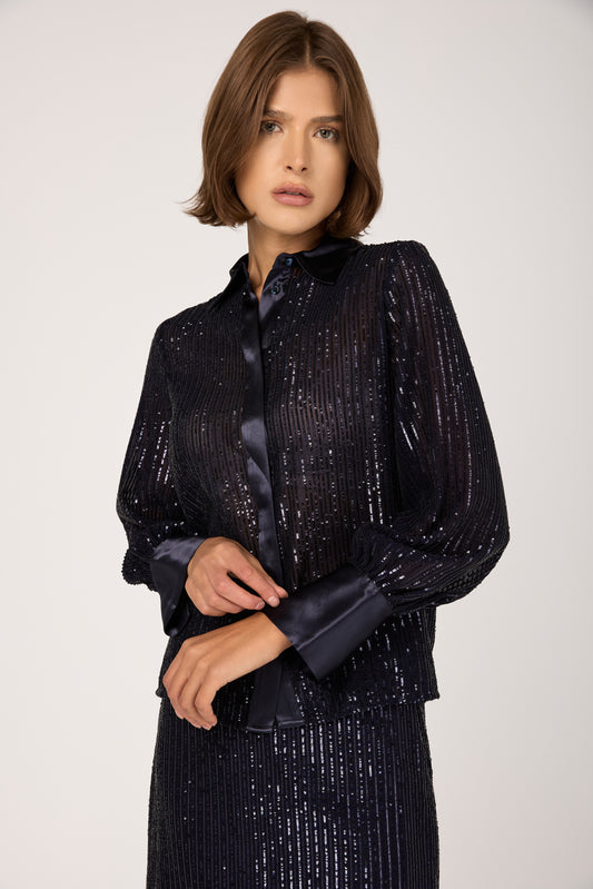 Sequinned Pinstripe Shirt in Blue Starry Sky