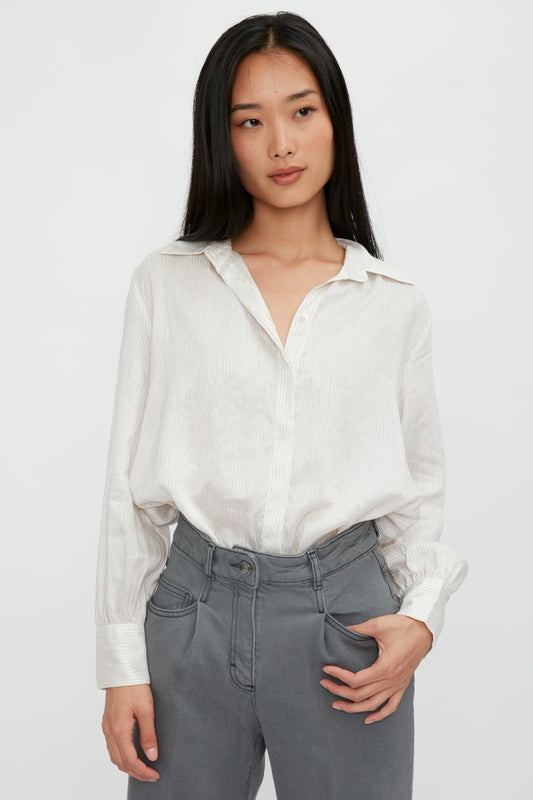 PESERICO Silk Voile Blouse in Grey Stripe