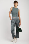 PESERICO Stretch Satin Palazzo Pant in Green Zinc