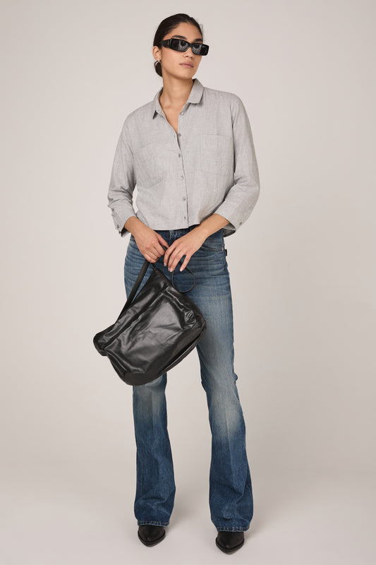 PRIVATE 0204 Brushed Cotton Cropped Shirt in Grey Melange