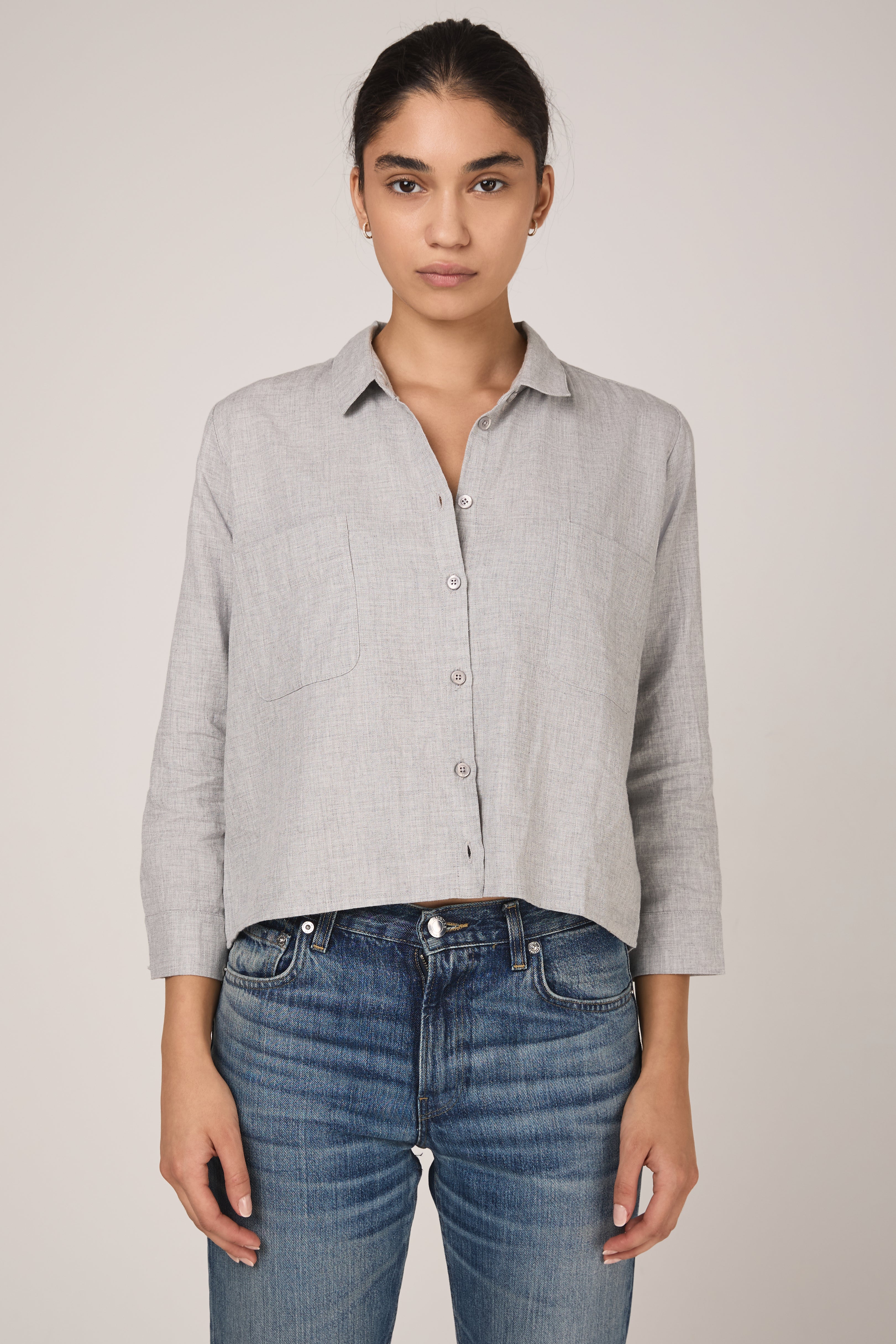 Brushed Cotton Cropped Shirt in Grey Melange