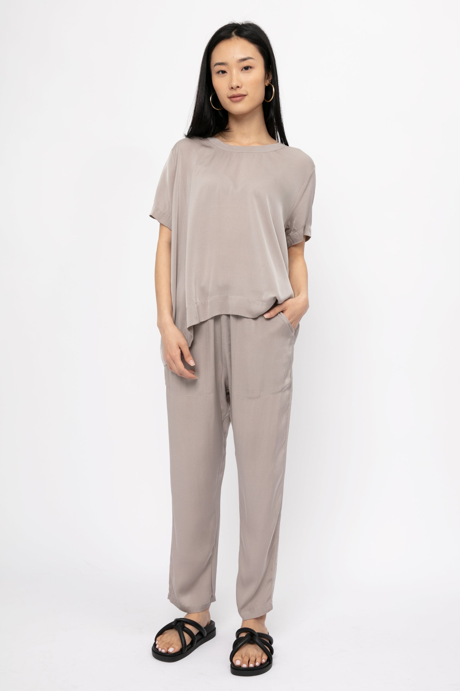 PRIVATE 0204 Silk Crewneck Top in Greige