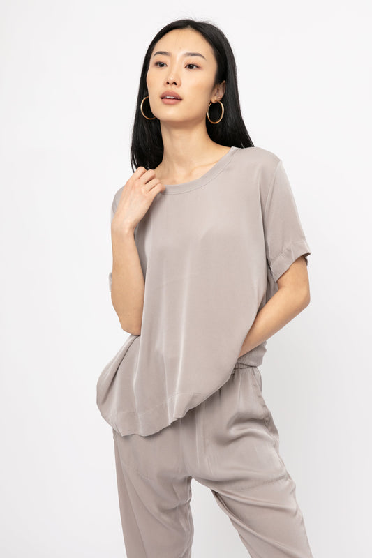 PRIVATE 0204 Silk Crewneck Top in Greige