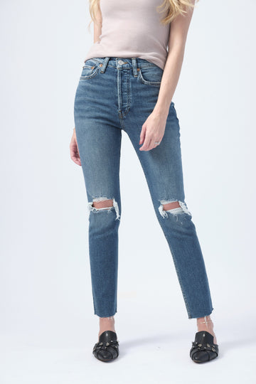 RE/DONE Comfort Stretch High Rise Jean in Dusk Destroy