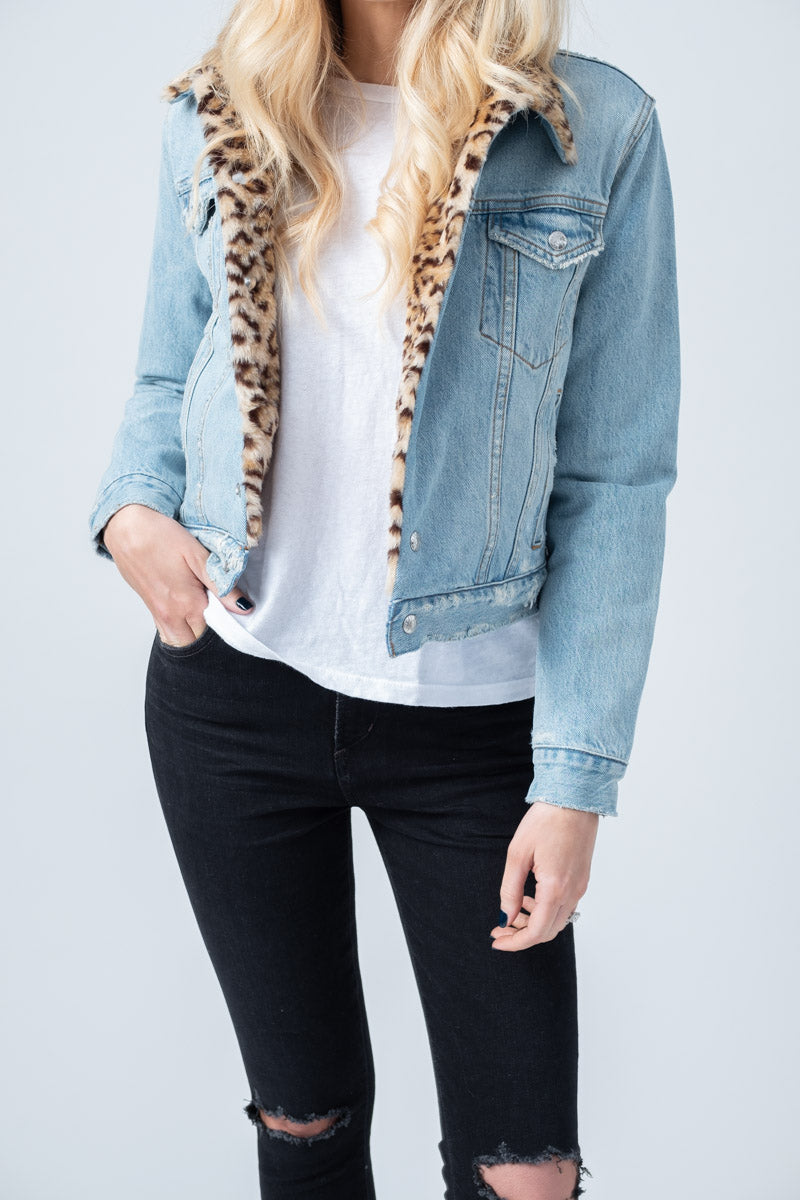 RE/DONE Leopard Trucker Denim Jacket in Vintage Destruction