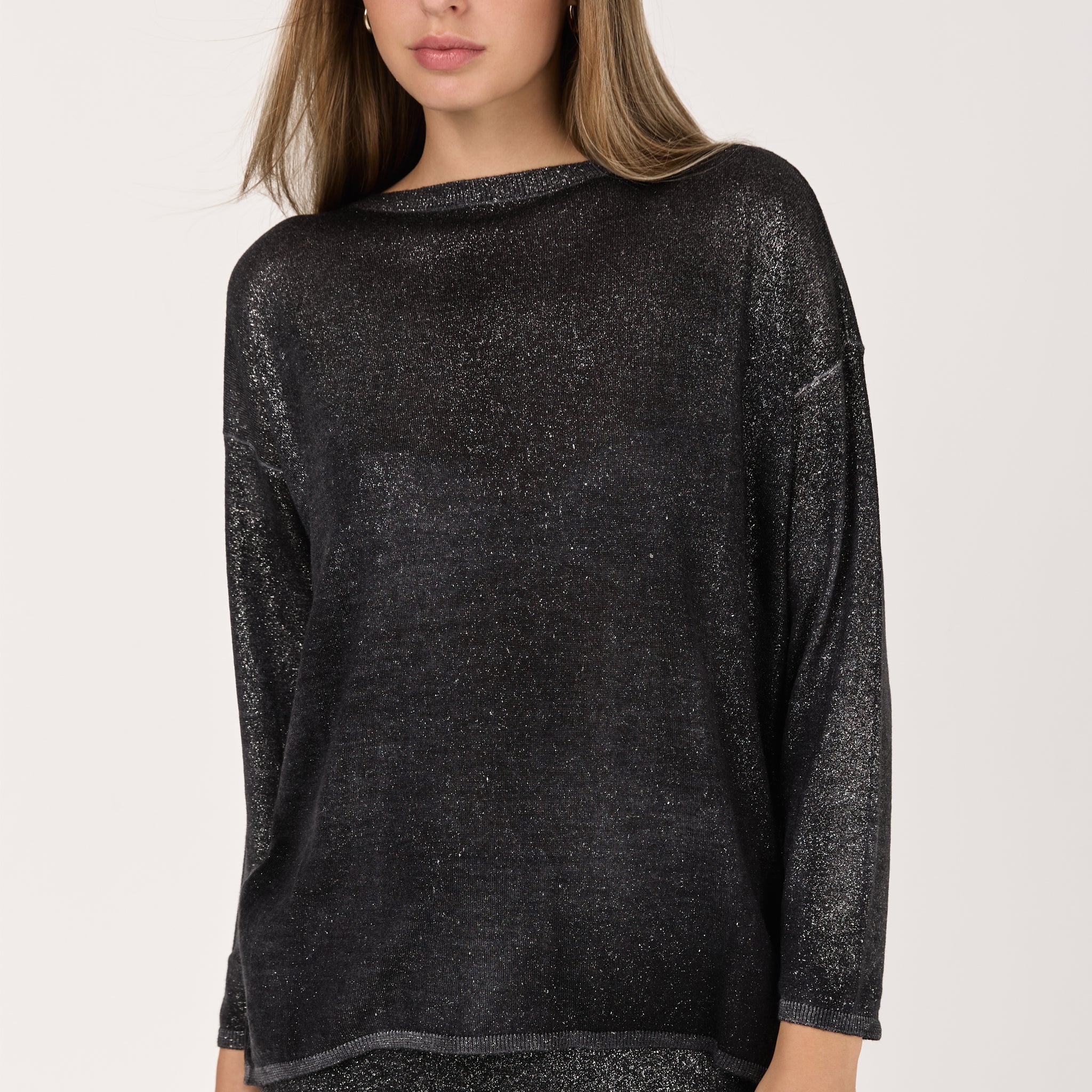 Star Dust Effect Off Gauge Pullover Sweater in Nero