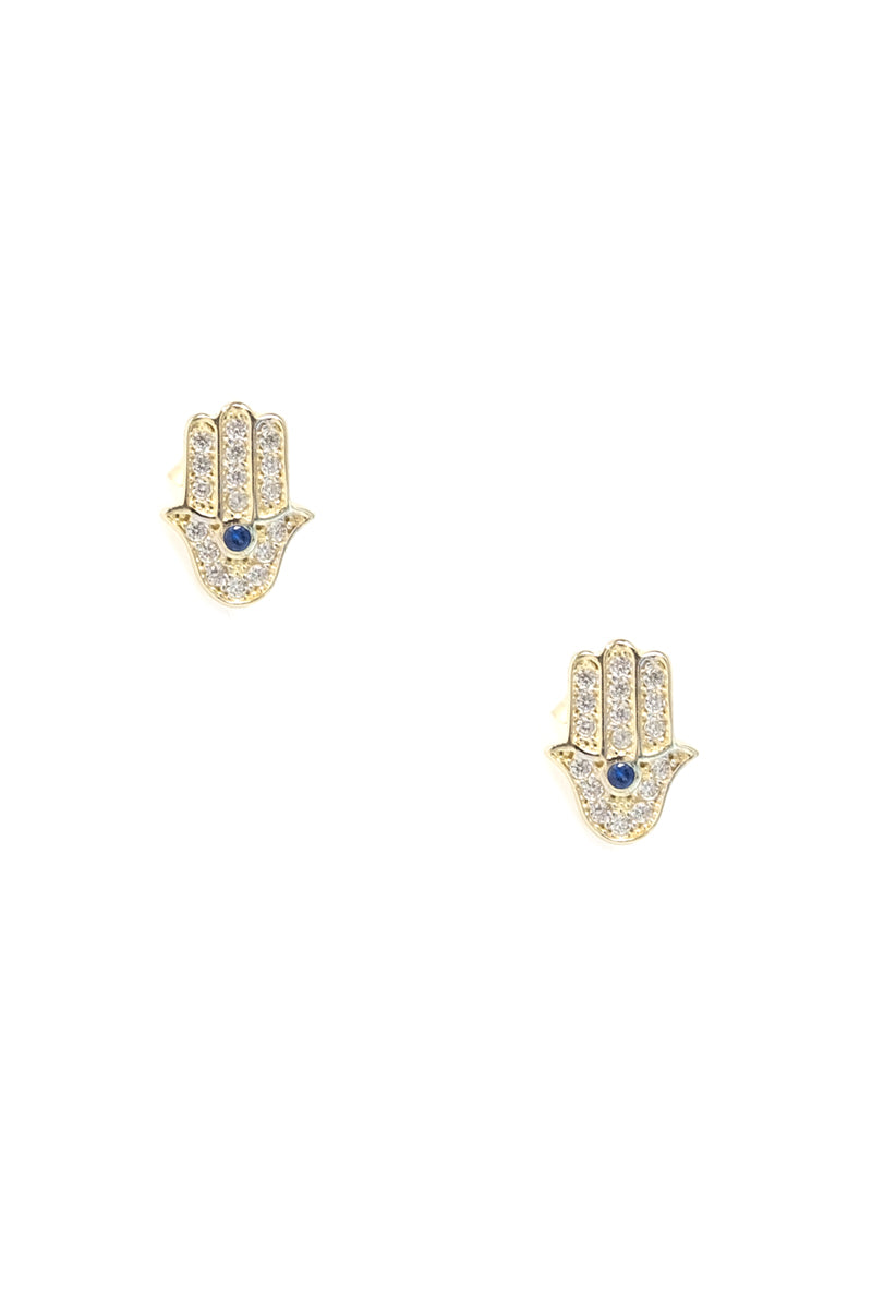VELINA 14k Yellow Gold Pavé Crystal Hamsa Studs Blue