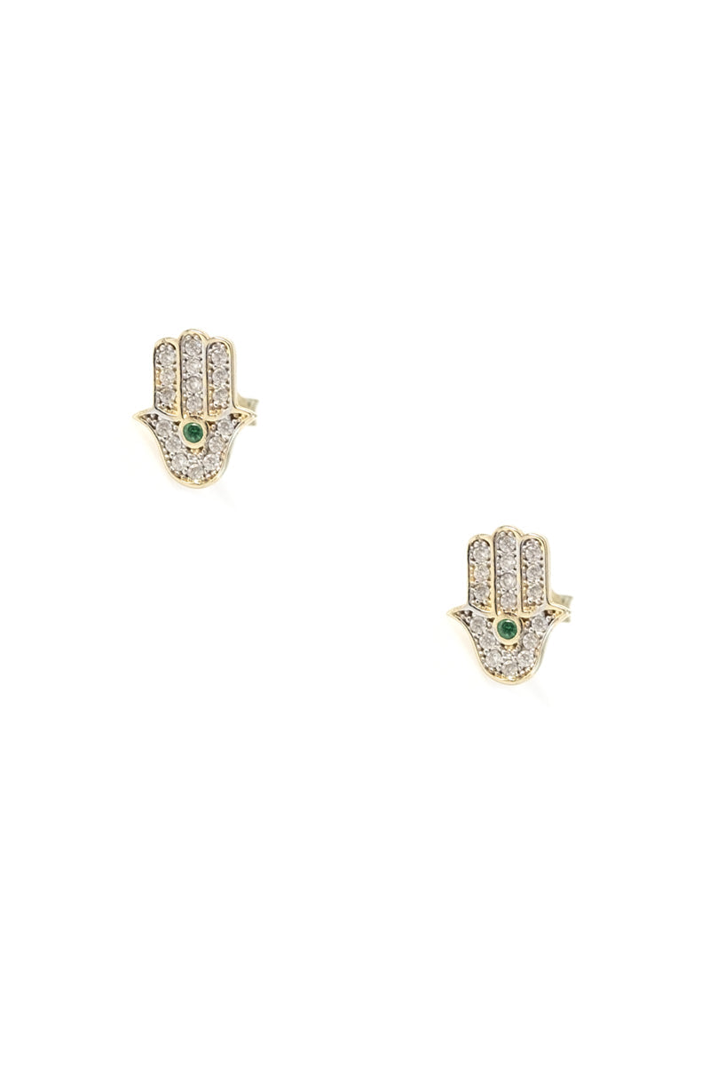 VELINA 14k Yellow Gold Pavé Crystal Hamsa Studs Green