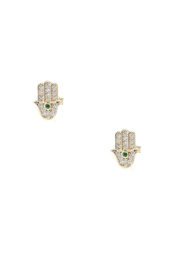 VELINA 14k Yellow Gold Pavé Crystal Hamsa Studs Green