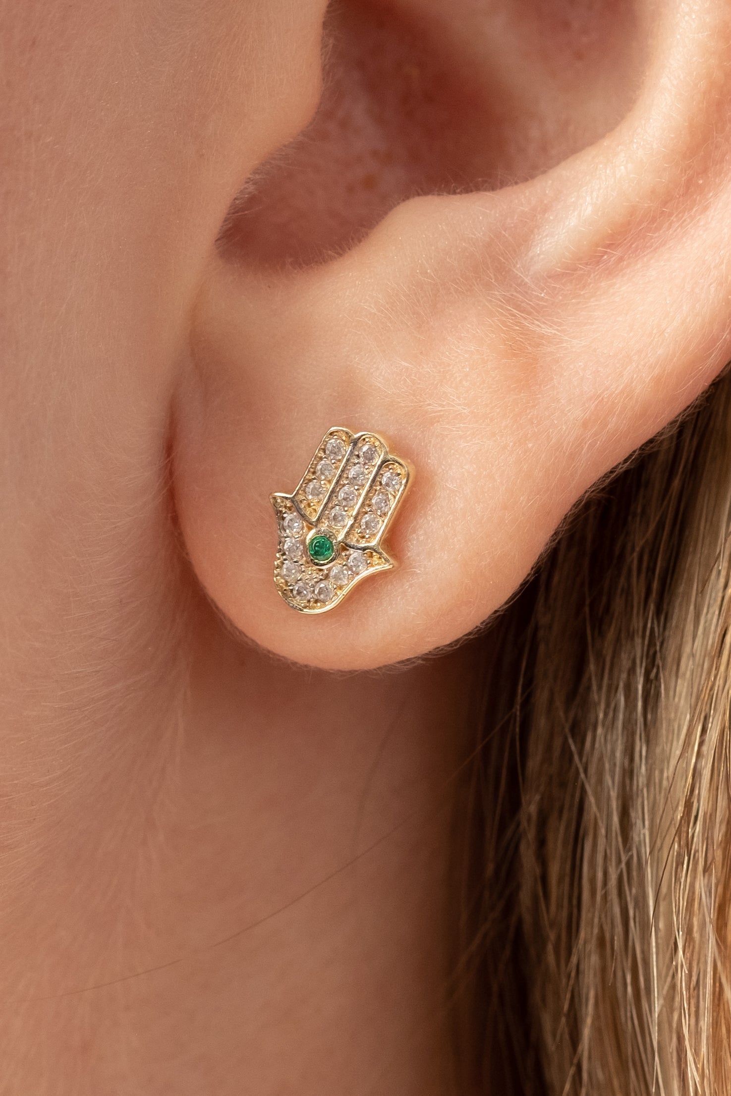 VELINA 14k Yellow Gold Pavé Crystal Hamsa Studs Green