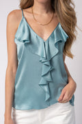FORTE FORTE Marocain Satin Top with Flounces in Aqua Marina