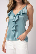 FORTE FORTE Marocain Satin Top with Flounces in Aqua Marina