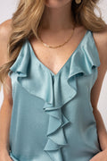 FORTE FORTE Marocain Satin Top with Flounces in Aqua Marina