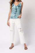 FORTE FORTE Marocain Satin Top with Flounces in Aqua Marina