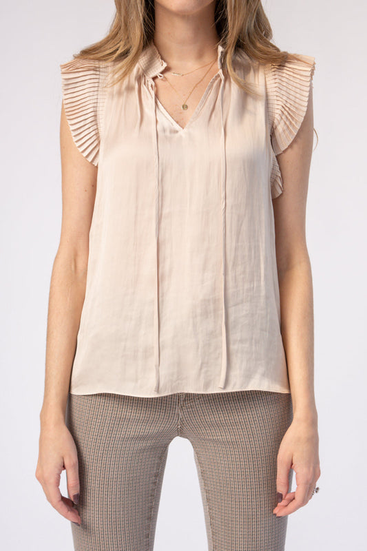 FRAME Pleated Keyhole Blouse in Parchment