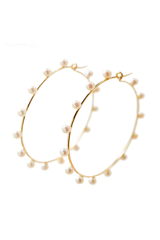 L.A. STEIN Large Shipswheel Hoops With Seed Pearls in Yellow Gold