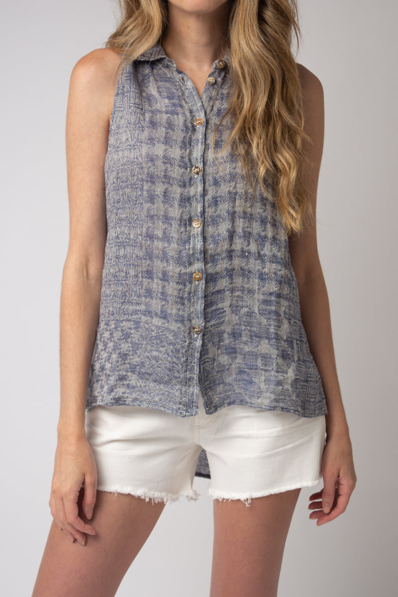 LA BOTTEGA DI BRUNELLA Canotta Valanza Linen Button Down Top in Blu Naturale