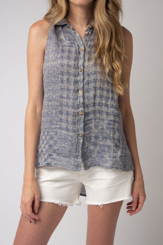 LA BOTTEGA DI BRUNELLA Canotta Valanza Linen Button Down Top in Blu Naturale