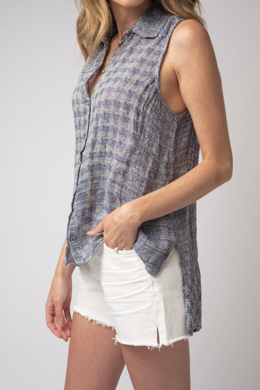 LA BOTTEGA DI BRUNELLA Canotta Valanza Linen Button Down Top in Blu Naturale