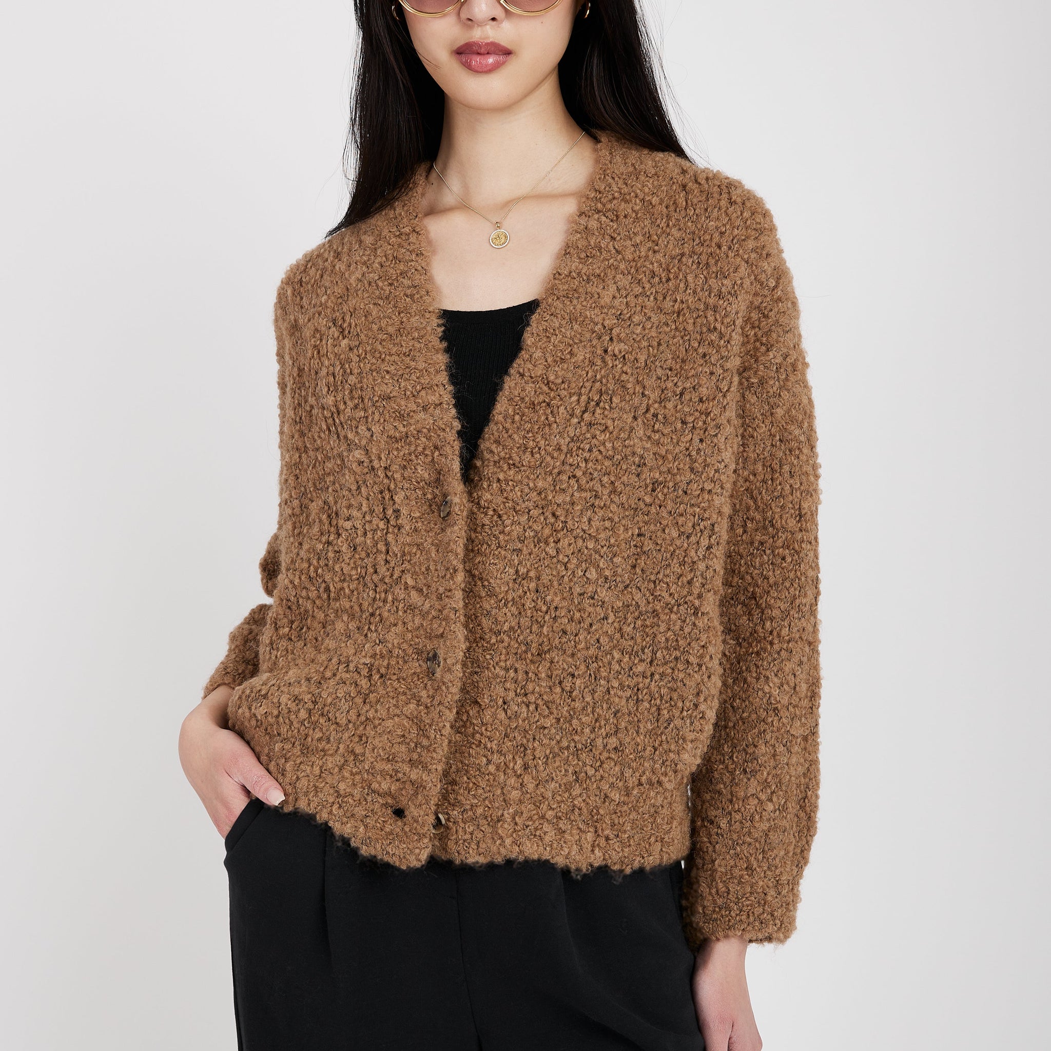TANDEM Oversized Cropped Cardigan in Camel
