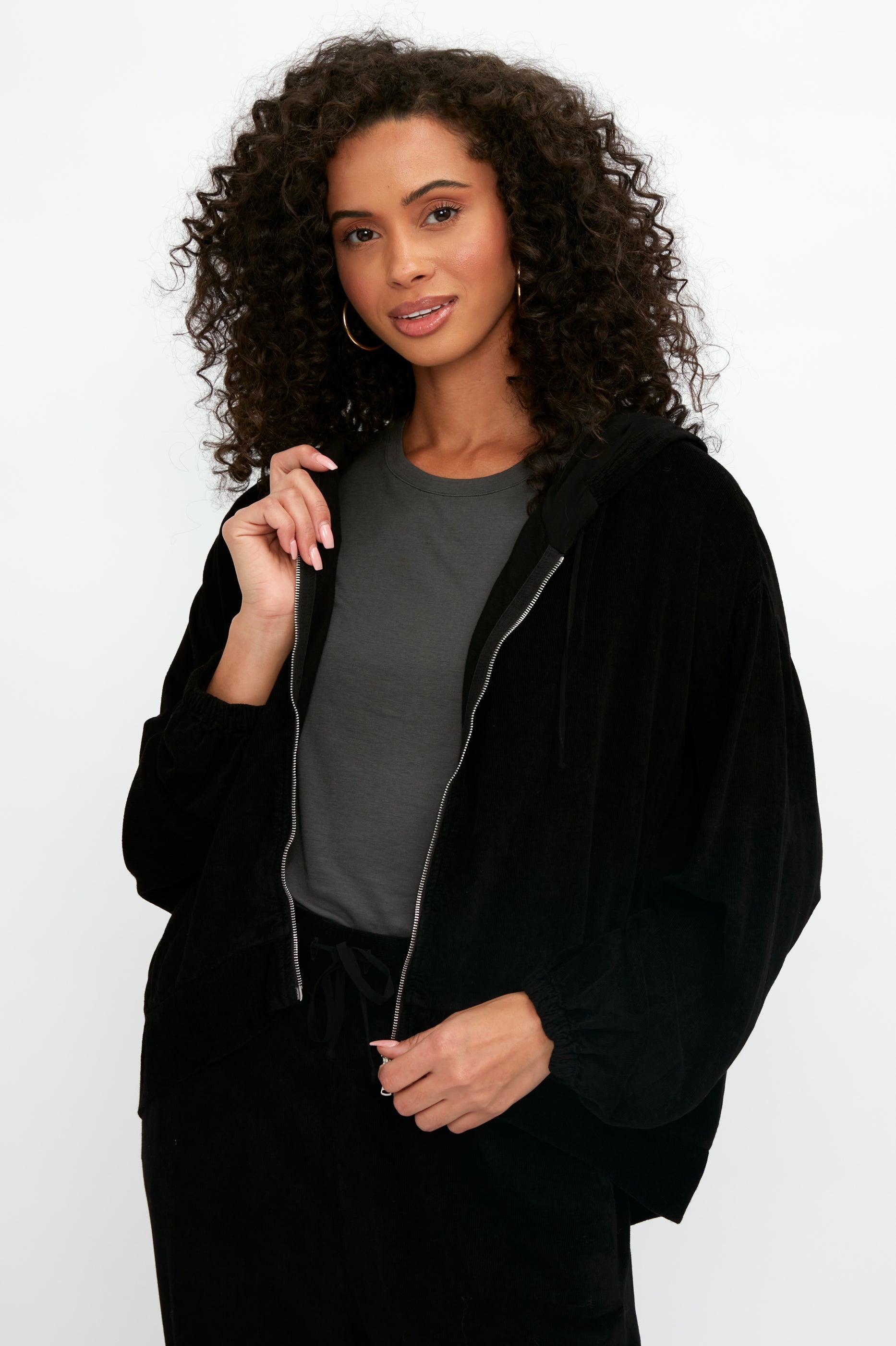 TANDEM Zip Up Hooded Jacket in Black