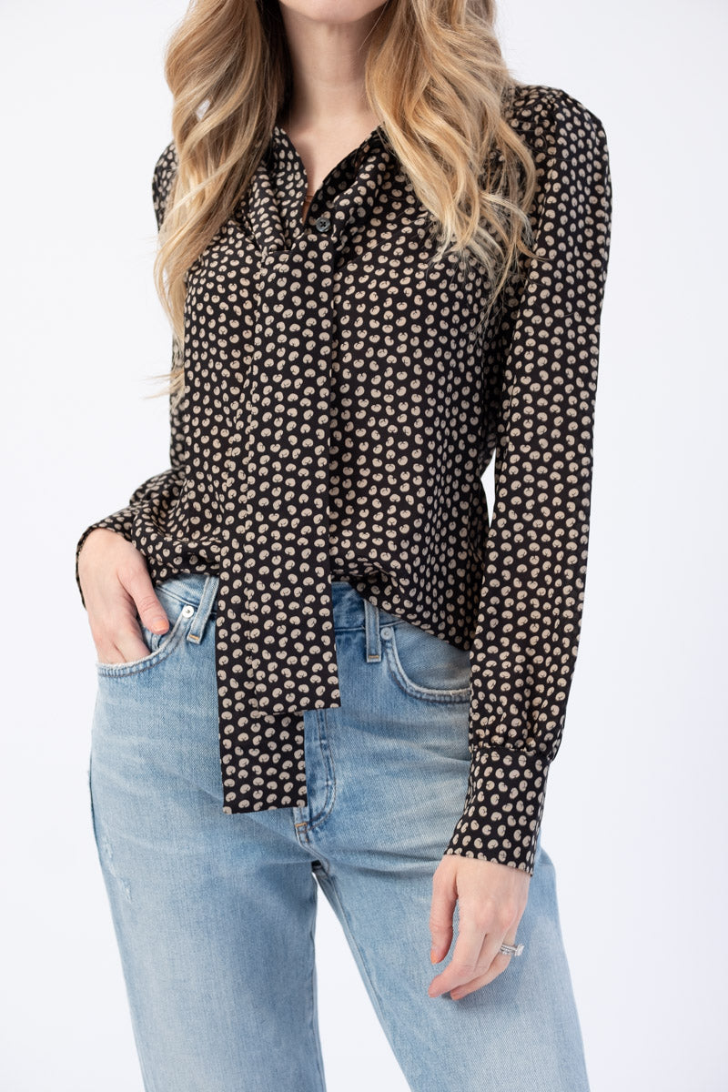 RE/DONE 70s Tie Blouse in Beige and Black Croissant Print