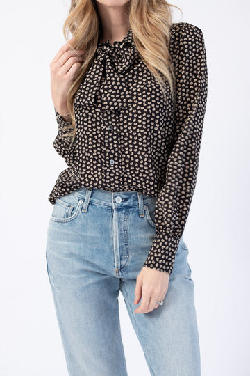 RE/DONE 70s Tie Blouse in Beige and Black Croissant Print