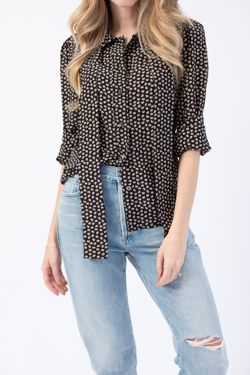 RE/DONE 70s Tie Blouse in Beige and Black Croissant Print