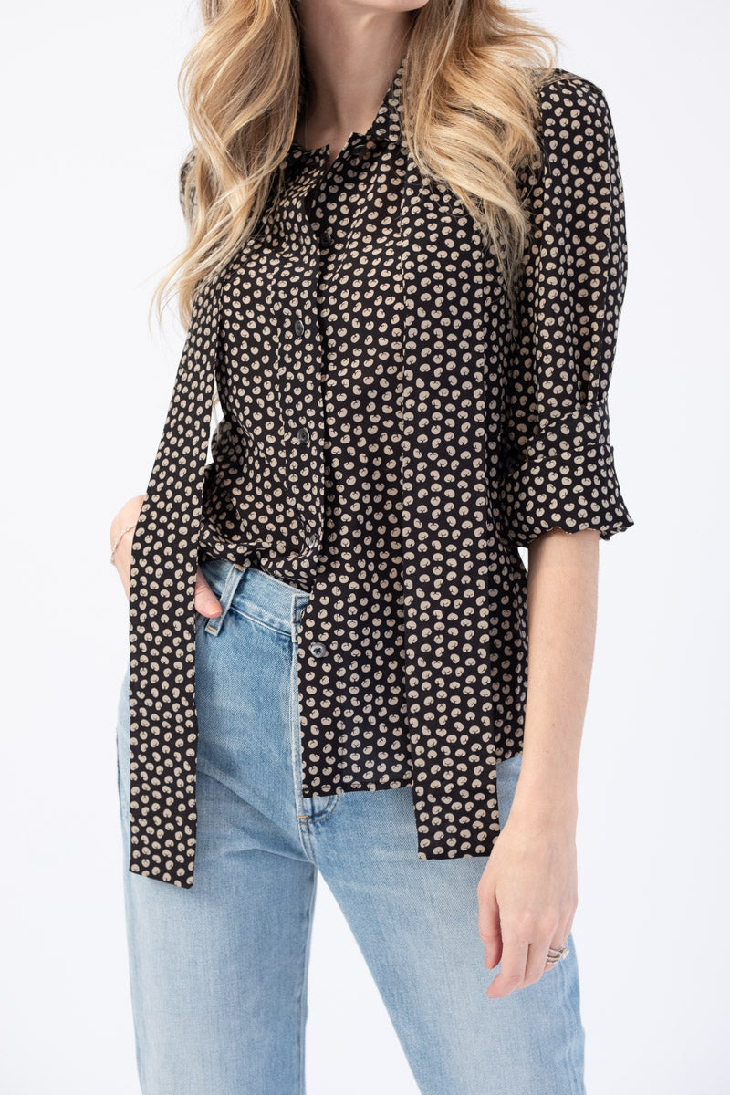 RE/DONE 70s Tie Blouse in Beige and Black Croissant Print