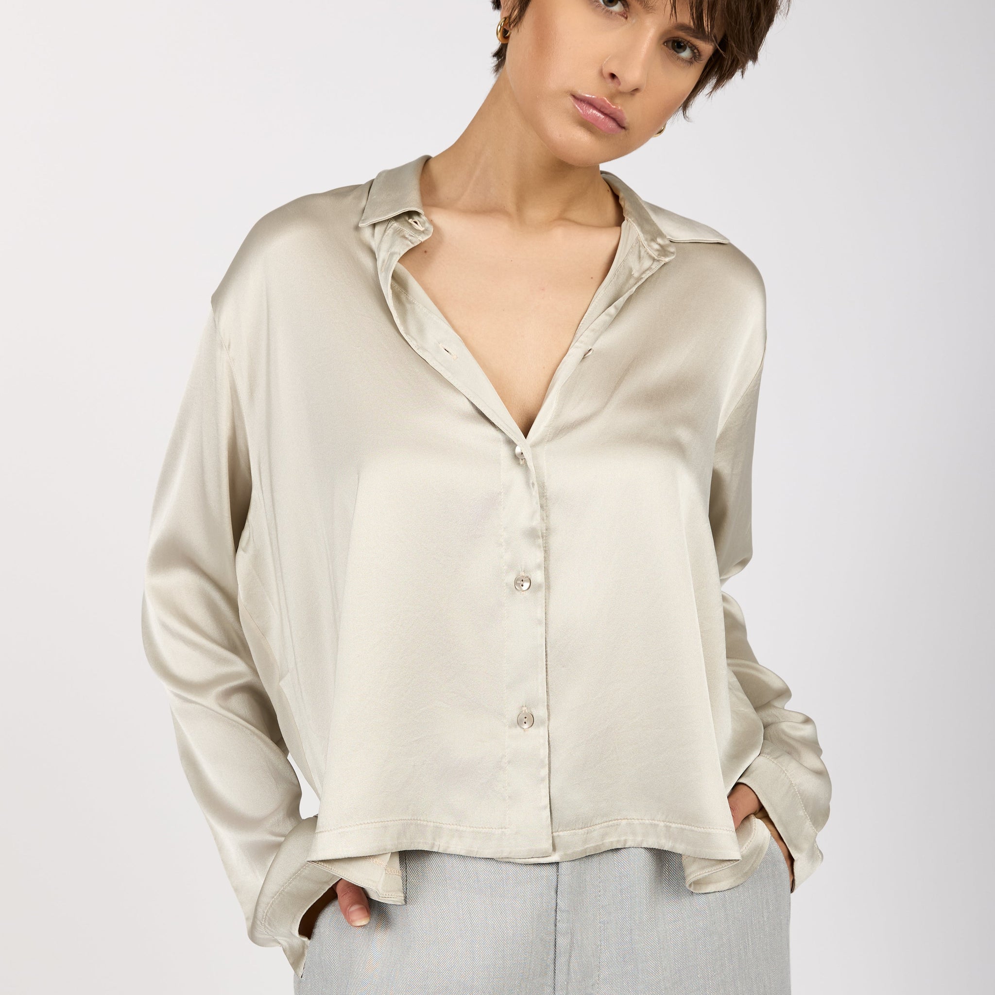 Button-Down Stretch Silk Shirt in Pearl Grey