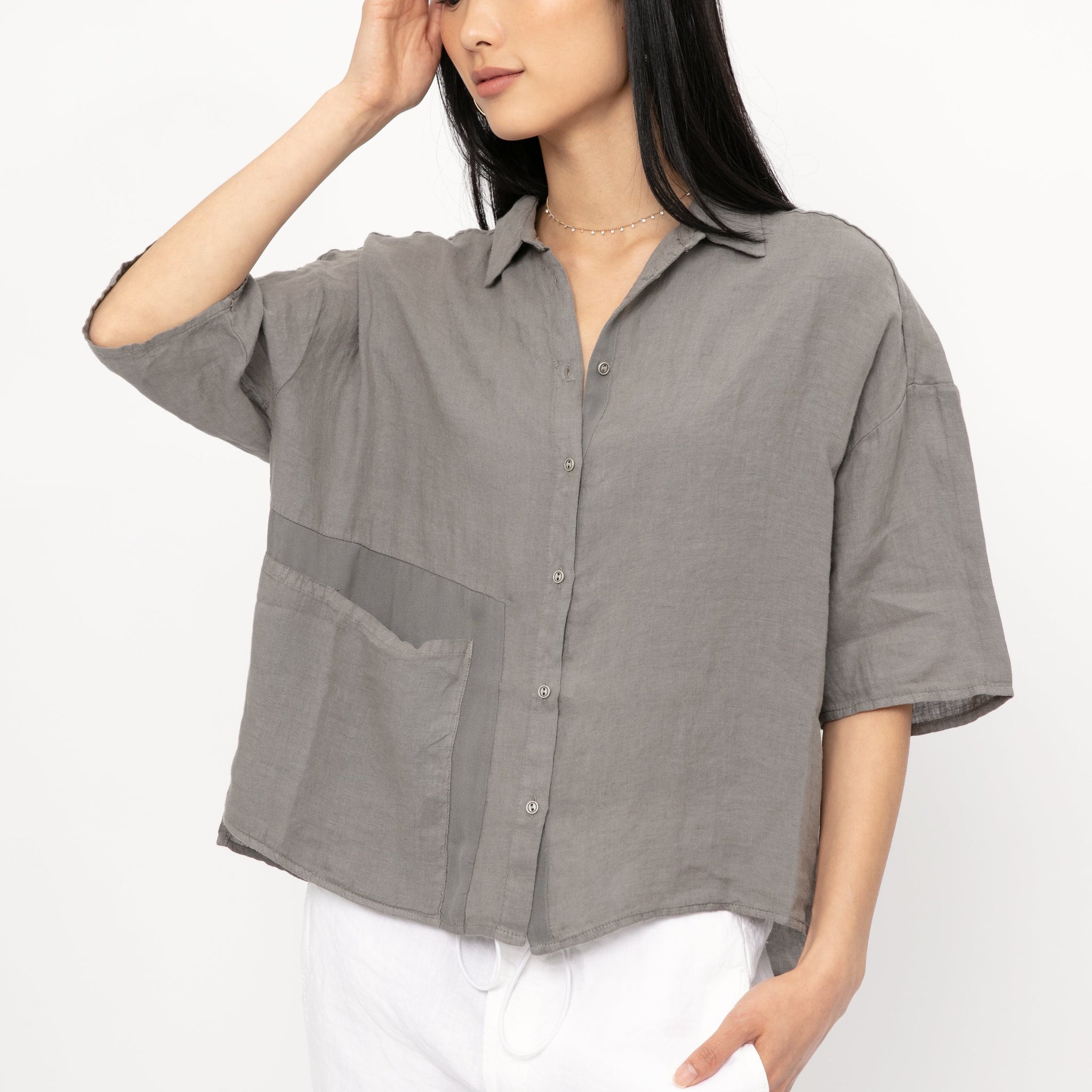TRANSIT Linen Button Down Shirt in Grey