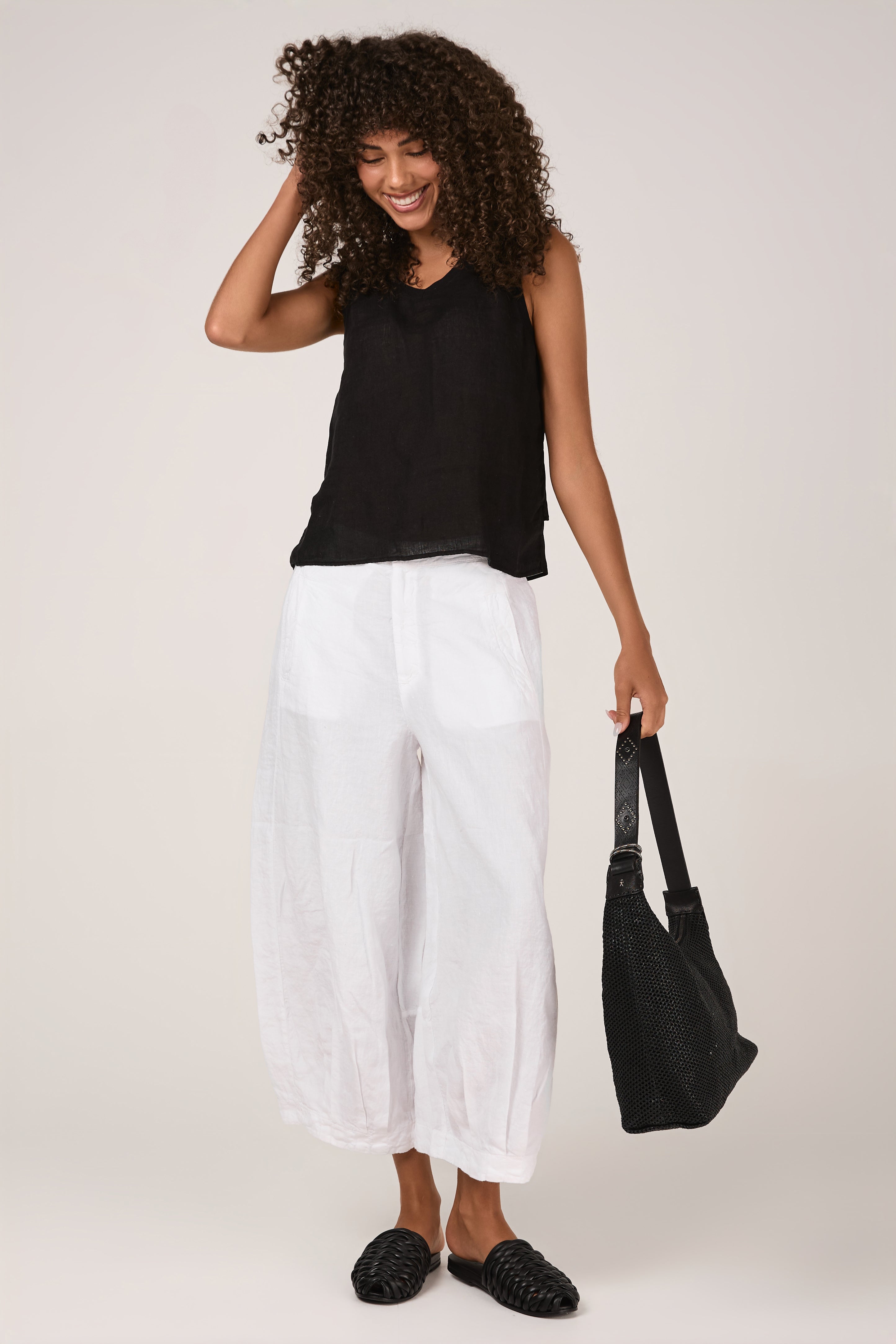 Viscose Georgette Linen Tank Top in Black