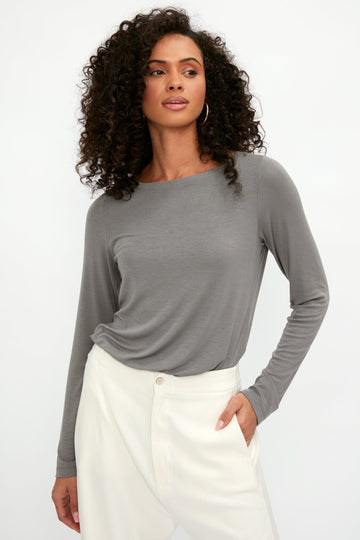 TRANSIT Long Sleeve Modal T-Shirt Top in Grey