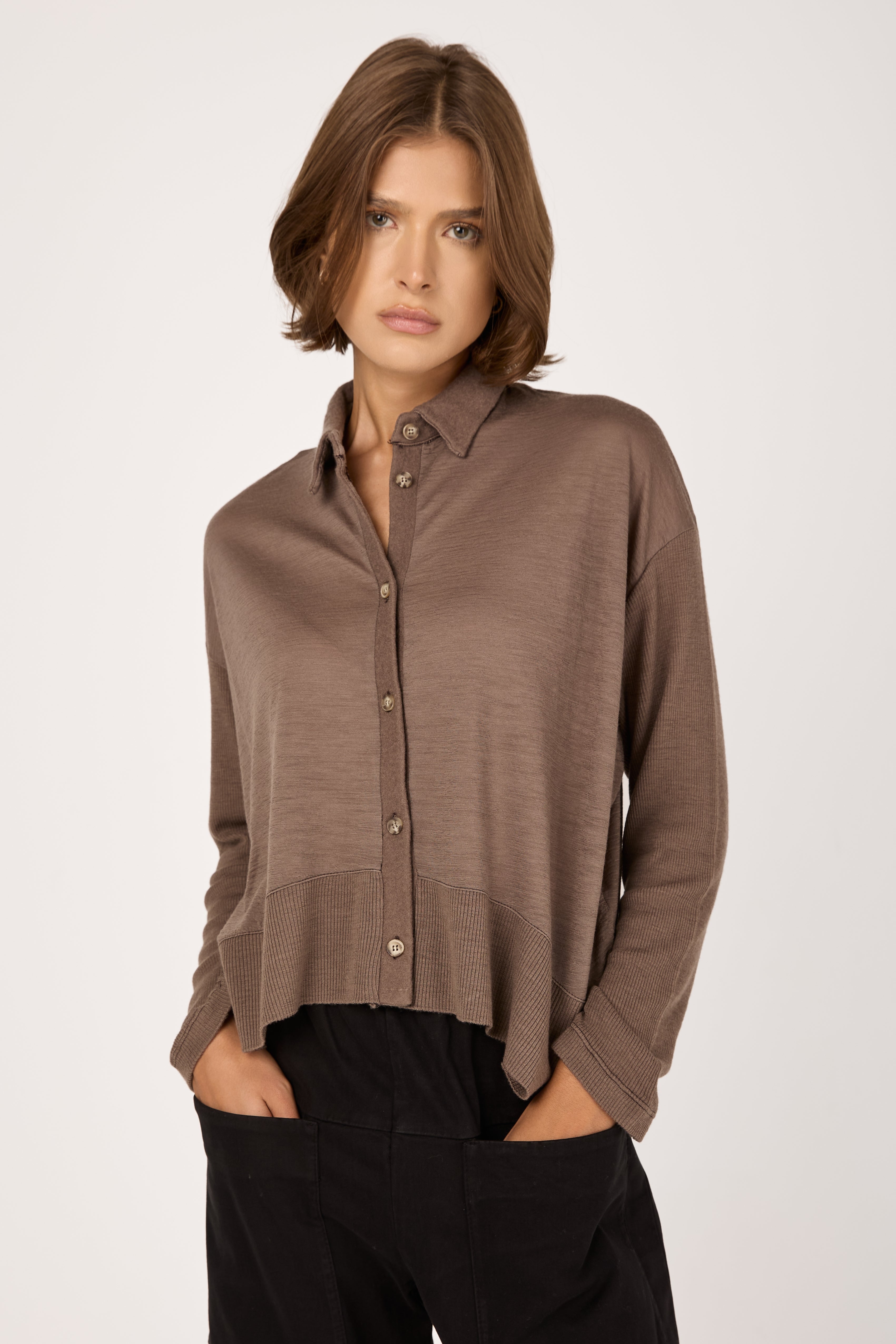 Oversized Wool Jersey Shirt in Taupe