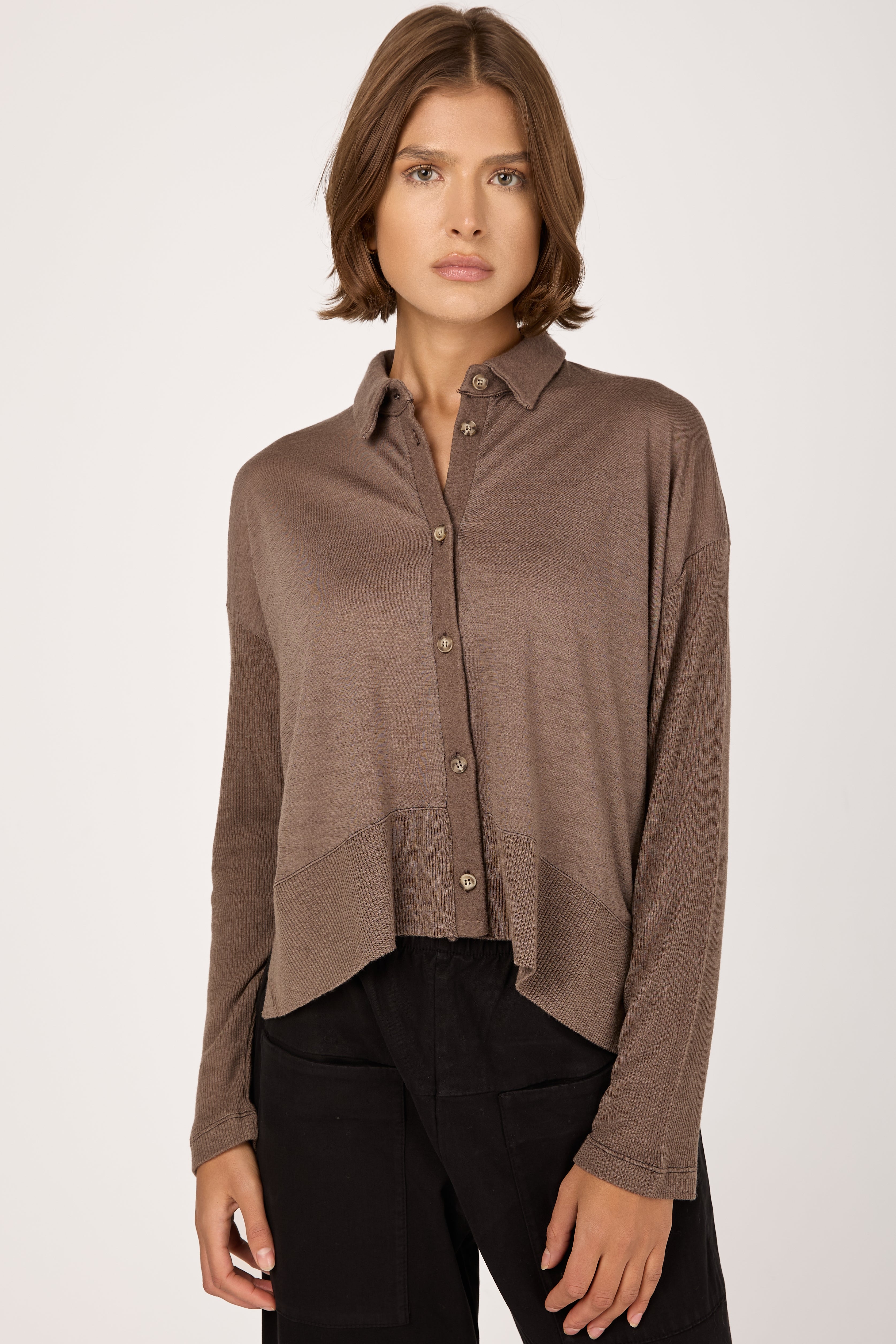 Oversized Wool Jersey Shirt in Taupe