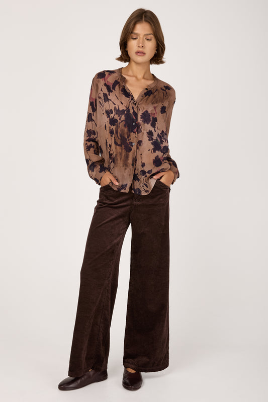 Cotton Viscose Corduroy Wide Leg Pant in Merlot