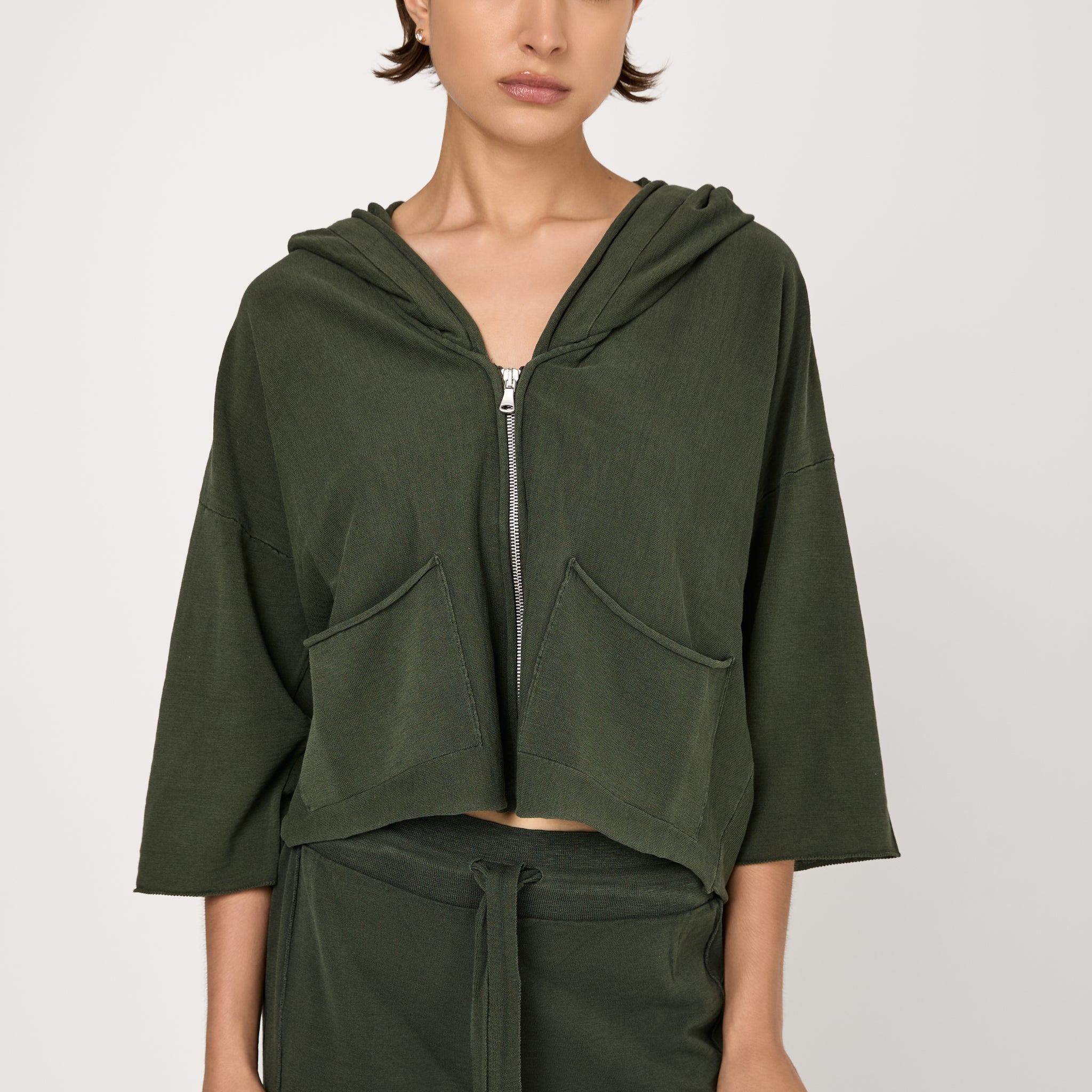 Slub Cotton Knit Hooded Jacket in Green